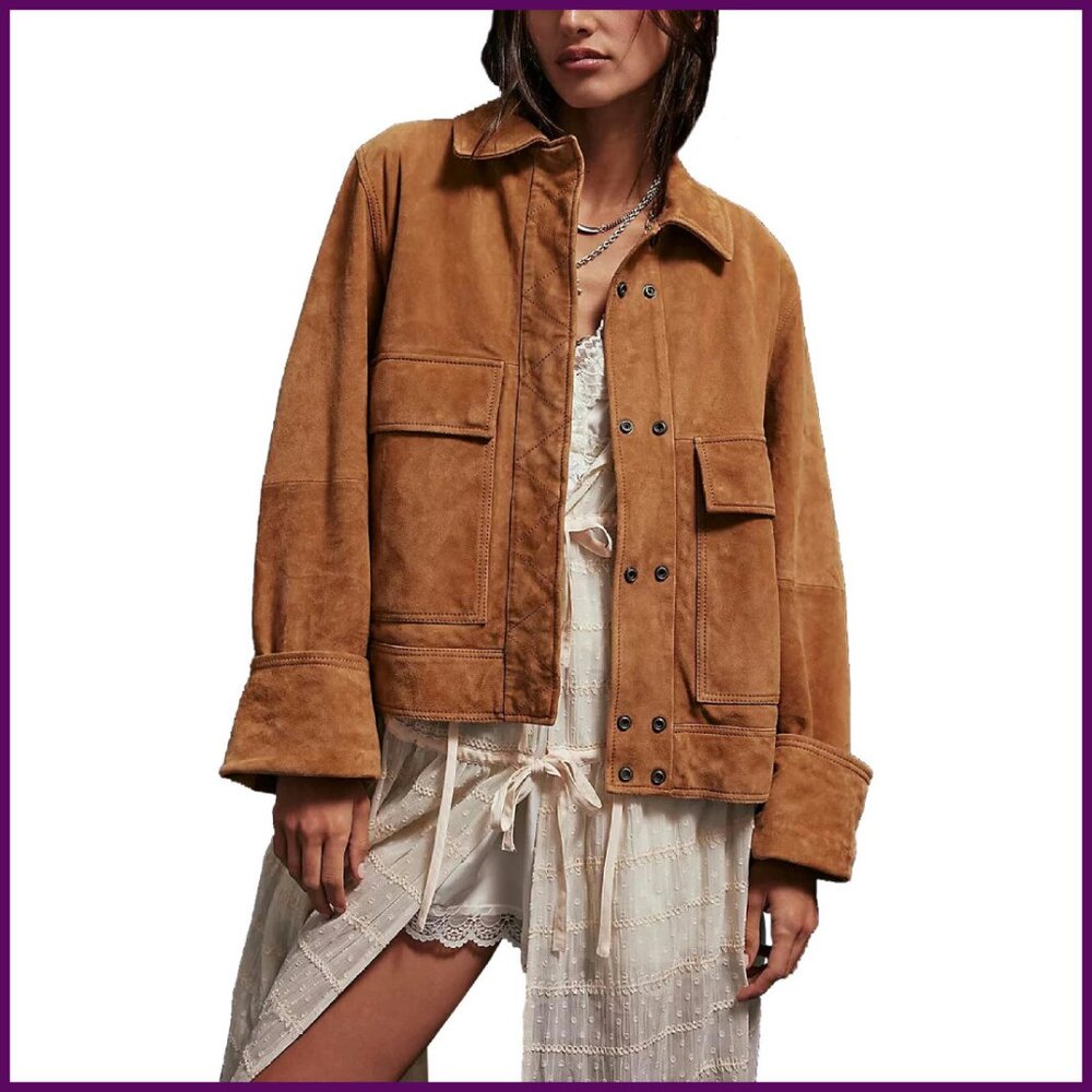 Faux Suede Bomber Jacket Oversized Fit with Pockets Women's Casual - Picture 1 of 5